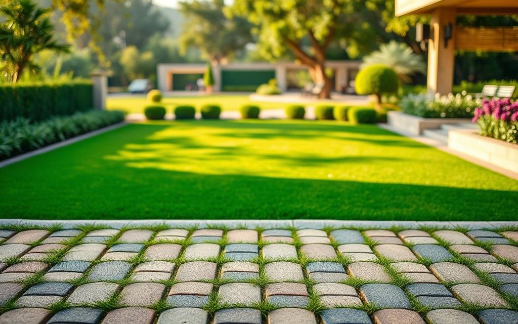 عشب صناعي وبلاط متداخل