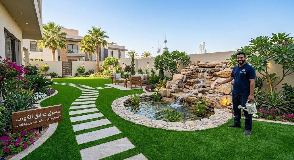 تنسيق حدائق الكويت | تصميم وتركيب عشب صناعي وشلالات