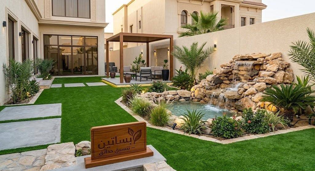 تنسيق حدائق الكويت تصميم وتركيب عشب صناعي وشلالات بساتين للفلل