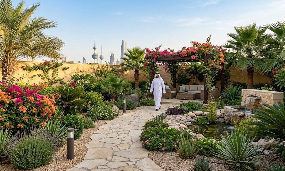 مساحات خضراء منسقة وأشجار زينة مع تصميمات ممرات عصرية وشلالات مائية ضمن أعمال تنسيق حدائق حطين بالكويت لضمان بيئة طبيعية راقية وتجميل الجلسات الخارجية