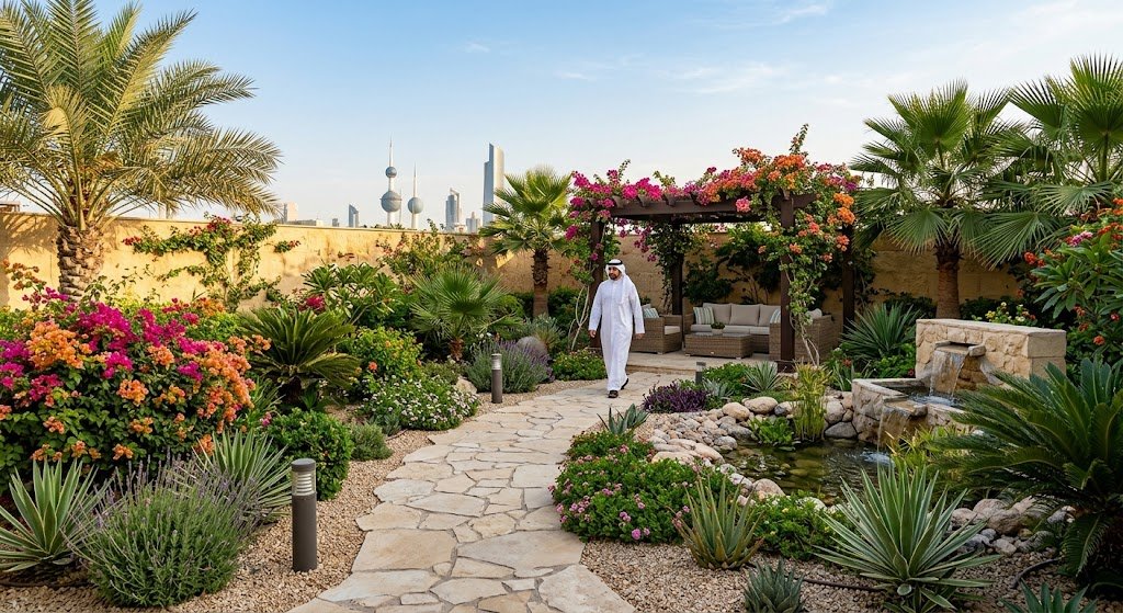 مساحات خضراء منسقة وأشجار زينة مع تصميمات ممرات عصرية وشلالات مائية ضمن أعمال تنسيق حدائق حطين بالكويت لضمان بيئة طبيعية راقية وتجميل الجلسات الخارجية