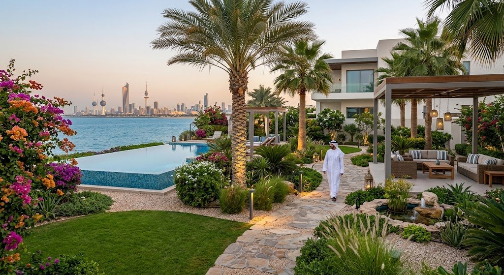 فريق متخصص ينفذ أحدث أعمال تنسيق حدائق حولي بالكويت من خلال ترتيب الزهور وتركيب العشب الصناعي داخل ساحة منزلية لإضفاء مظهر طبيعي جذاب ومريح
