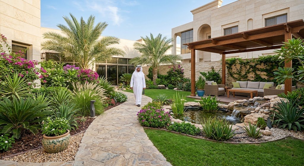 فريق من المهندسين الزراعيين يقوم بتنفيذ أعمال تنسيق حدائق خيطان بالكويت عبر تركيب العشب الصناعي وتصميم الممرات الحجرية داخل ساحة منزلية لضمان إطلالة طبيعية خلابة