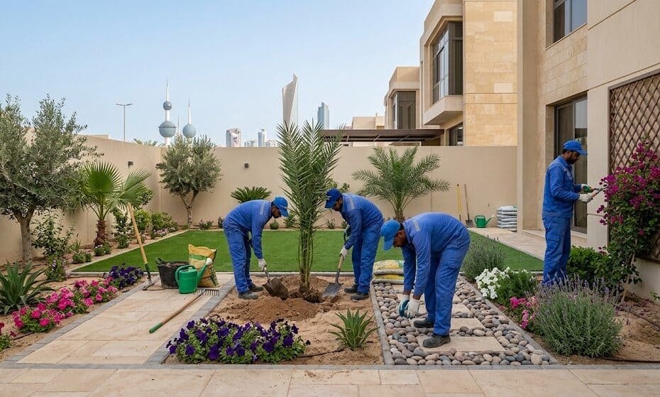 فريق متخصص يقوم بتصميم وتنسيق وزراعة الحدائق باحترافية وإبداع ضمن خدمات تنسيق حدائق الحسانيه بالكويت